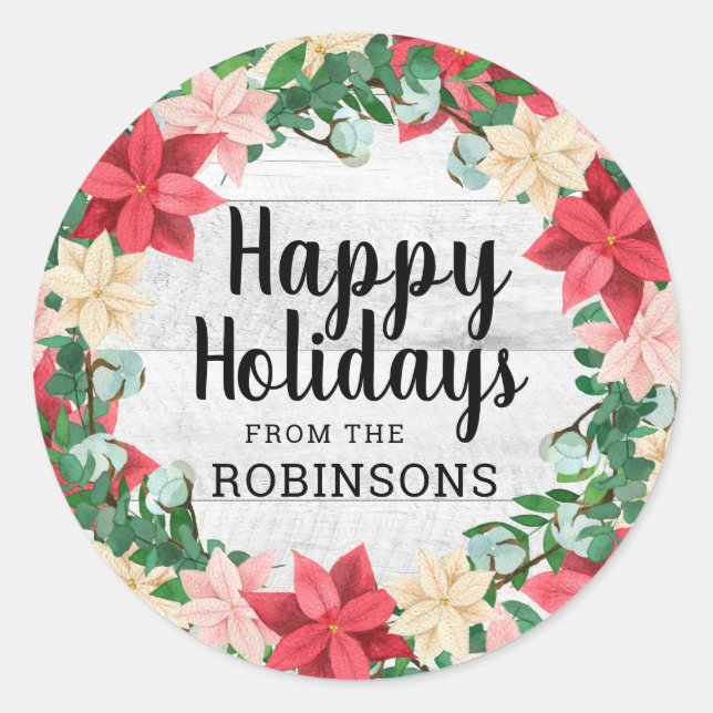 Pegatina Redonda Felices Fiestas Poinsettia White Wood (Anverso)
