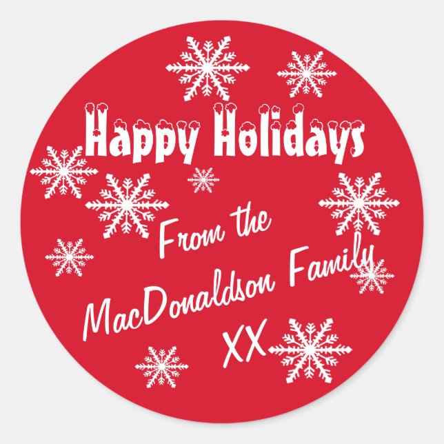 Pegatina Redonda Felices fiestas rojas y copos de nieve (Anverso)