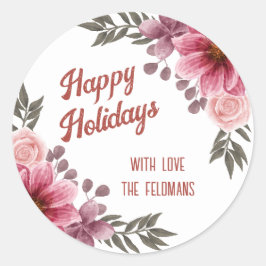 Pegatina Redonda Felices fiestas rosas rosas rosas borgoñas Cosmos