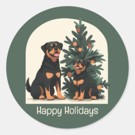 Pegatina Redonda Felices fiestas Rottweiler Dogs