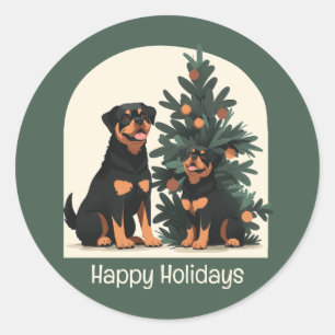 Pegatina Redonda Felices fiestas Rottweiler Dogs