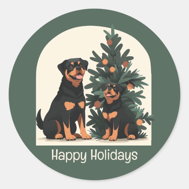 Pegatina Redonda Felices fiestas Rottweiler Dogs (Anverso)