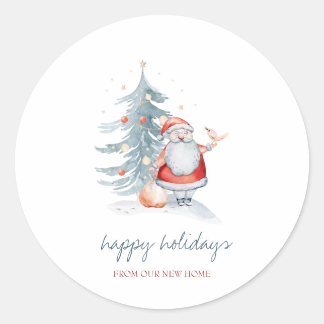 Pegatina Redonda Felices fiestas, Santa Claus, Pine Tree (Anverso)