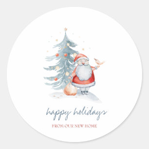 Pegatina Redonda Felices fiestas, Santa Claus, Pine Tree