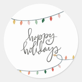 Pegatina Redonda Felices Fiestas Simples Luces de Cadena de Colores