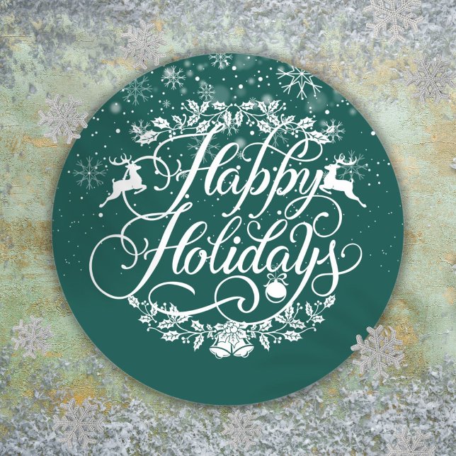 Pegatina Redonda Felices fiestas Snowflakes Green Navidades (Happy Holidays Snowflakes Green Christmas Classic Round Sticker)