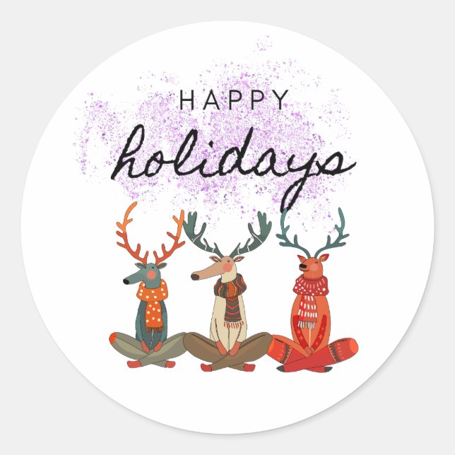 Pegatina Redonda Felices fiestas. Venado en una pose de yoga (Anverso)
