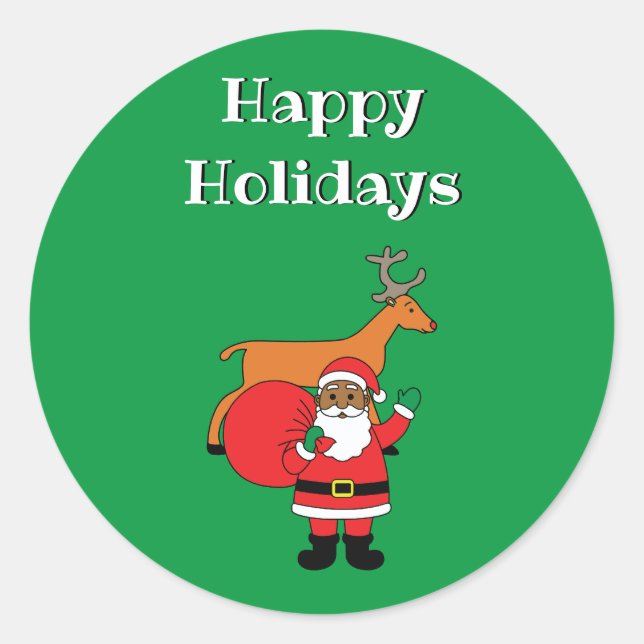 Pegatina Redonda Felices Fiestas Verdes Santa Claus afroamericano (Anverso)