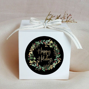 Pegatina Redonda Felices fiestas  Wreath de oro negro y moderno