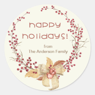 Pegatina Redonda Felices Fiestas Wreath Natural Berry