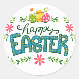 Pegatina Redonda Felices flores de Pascua: Huevos de Pascua