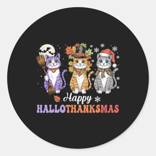Pegatina Redonda Felices Gatos De Camisas De Hallothanksmas Enamora (Anverso)