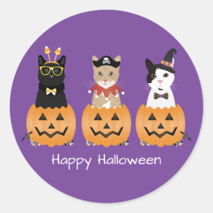 Pegatina Redonda Felices gatos de Halloween Jack O Lantern