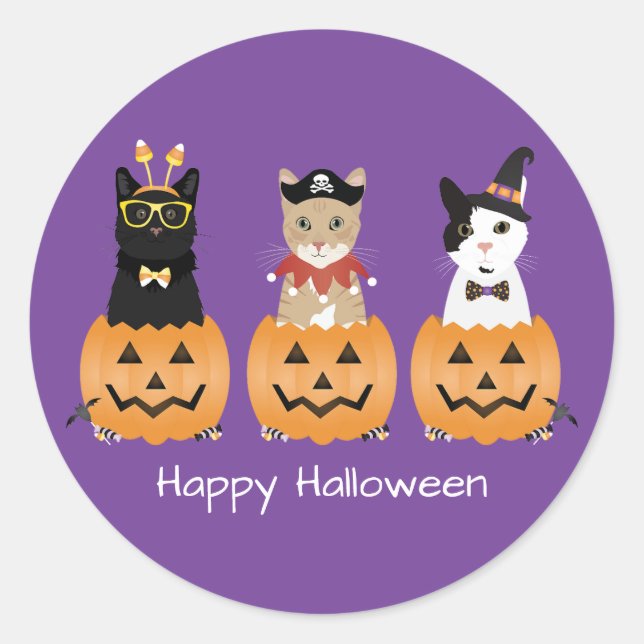 Pegatina Redonda Felices gatos de Halloween Jack O Lantern (Anverso)