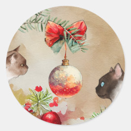 Pegatina Redonda Felices gatos, ornamentos acuáticos y Navidades de
