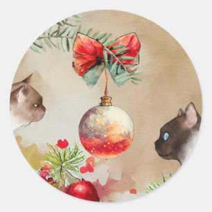 Pegatina Redonda Felices gatos, ornamentos acuáticos y Navidades de