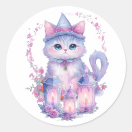 Pegatina Redonda Felices gatos y velas de Halloween