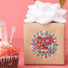 Pegatina Redonda Felices hippie cumpleaños color retro