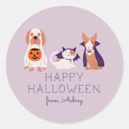 Pegatina Redonda Felices Mascotas de Halloween con traje
