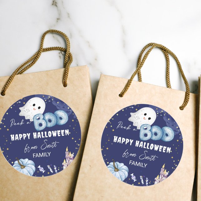 Pegatina Redonda Felices miradas de Halloween un lindo bebé fantasm (Happy Halloween stickers cute baby ghost starry blue night pumpkin stickers)