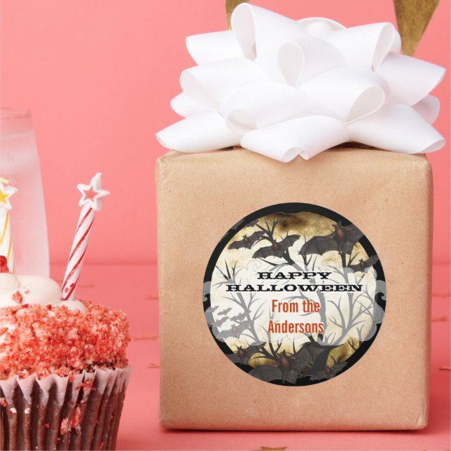 Pegatina Redonda Felices murciélagos de Halloween y pergamino quema (Fiesta)