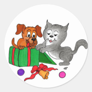 Pegatina Redonda Felices Navidad con el gato y el perrito