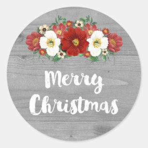 Pegatina Redonda Felices Navidad florales rojas del vintage de