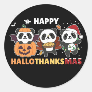 Pegatina Redonda Felices Navidades de Hallothanksmas Pandas Panda C