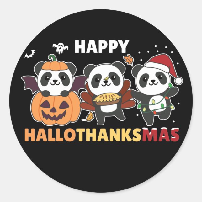 Pegatina Redonda Felices Navidades de Hallothanksmas Pandas Panda C (Anverso)