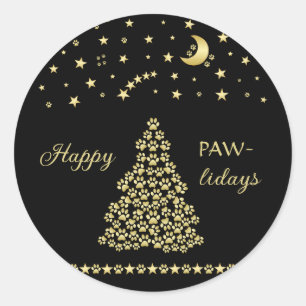 Pegatina Redonda Felices Pawlidays, árbol de navidad Gold brillante