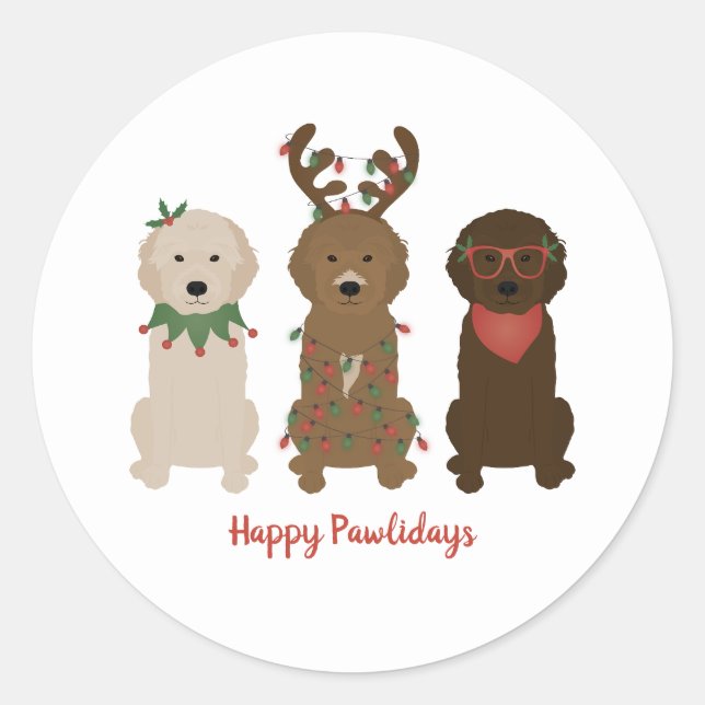 Pegatina Redonda Felices Pawlidays Luces de Navidades Goldendoodle (Anverso)