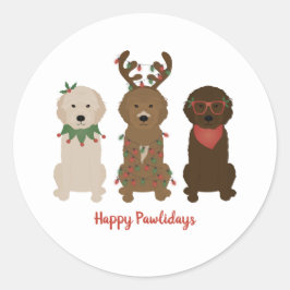 Pegatina Redonda Felices Pawlidays Luces de Navidades Goldendoodle