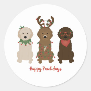 Pegatina Redonda Felices Pawlidays Luces de Navidades Goldendoodle