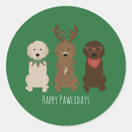 Pegatina Redonda Felices Pawlidays Luces de Navidades Goldendoodle