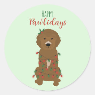 Pegatina Redonda Felices Pawlidays Luces de Navidades Goldendoodle