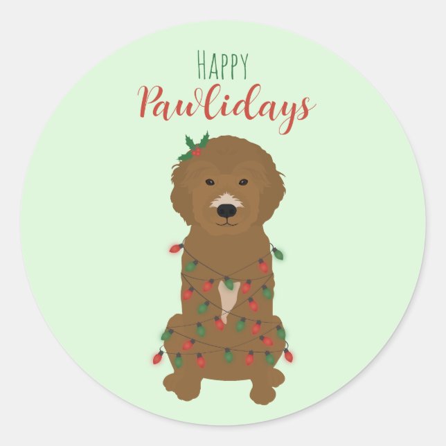 Pegatina Redonda Felices Pawlidays Luces de Navidades Goldendoodle (Anverso)