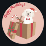 Pegatina Redonda Felices Pawlidays Maltipoo Christmas Present<br><div class="desc">Ilustracion de un Maltipoo en un regalo de Navidad para los amantes de las mascotas durante las vacaciones.</div>