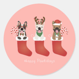 Pegatina Redonda Felices Pawlidays Navidades de Bulldoges franceses