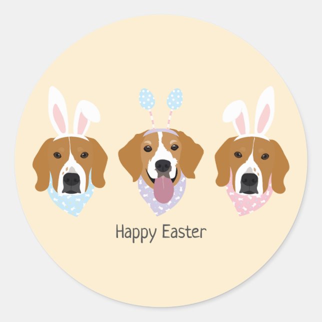 Pegatina Redonda Felices Perros Beagle de Pascua (Anverso)
