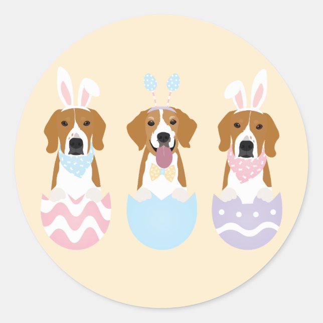 Pegatina Redonda Felices Perros Beagle de Pascua (Anverso)