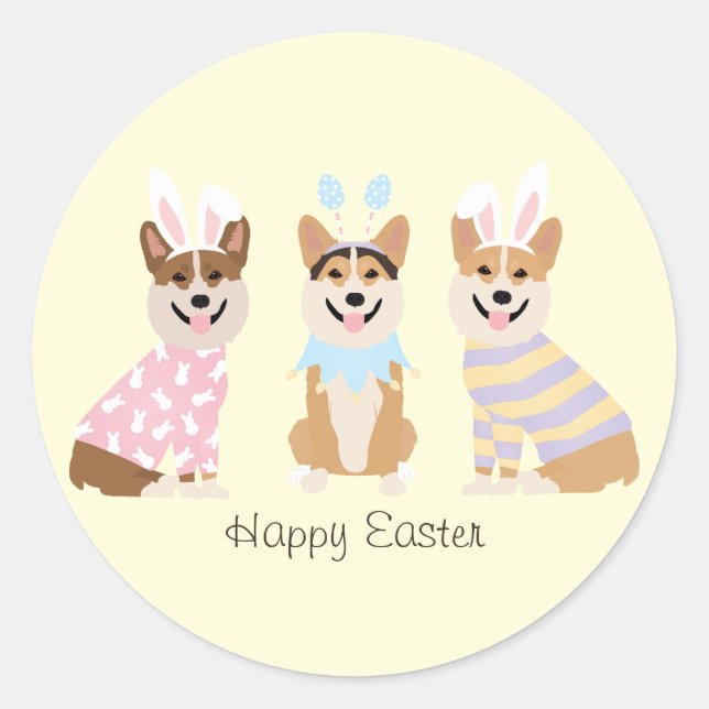Pegatina Redonda Felices perros Corgi galeses de Pascua (Anverso)