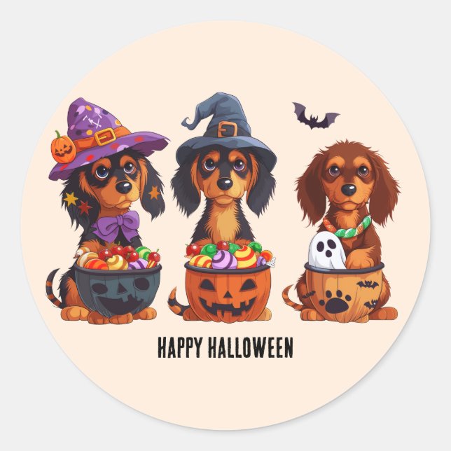 Pegatina Redonda Felices perros Dachshund de Halloween (Anverso)