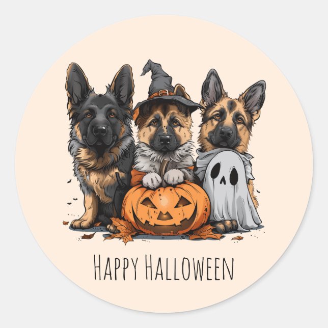 Pegatina Redonda Felices perros pastores alemanes de Halloween (Anverso)