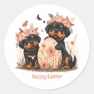 Pegatina Redonda Felices perros Rottweiler de Pascua