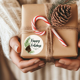 Pegatina Redonda Felices vacaciones acuarela Pine Winter Greenerati