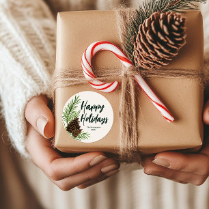 Pegatina Redonda Felices vacaciones acuarela Pine Winter Greenerati