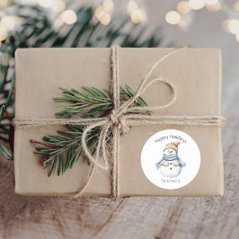 Pegatina Redonda Felices vacaciones acuarela Snowman Family Name