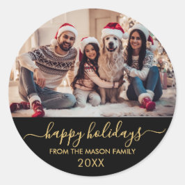 Pegatina Redonda Felices vacaciones Black Gold Script Family Photo