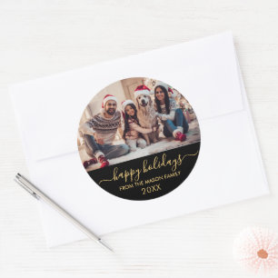 Pegatina Redonda Felices vacaciones Black Gold Script Family Photo