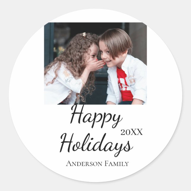 Pegatina Redonda Felices vacaciones niños foto de familia regalos m (Anverso)